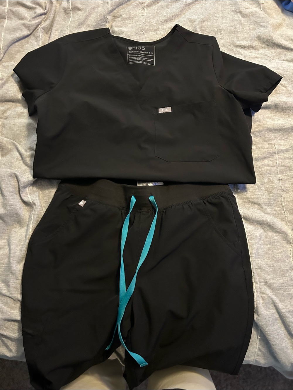 FIGS Black Scrub Top and Black Shorts with Teal Drawstring